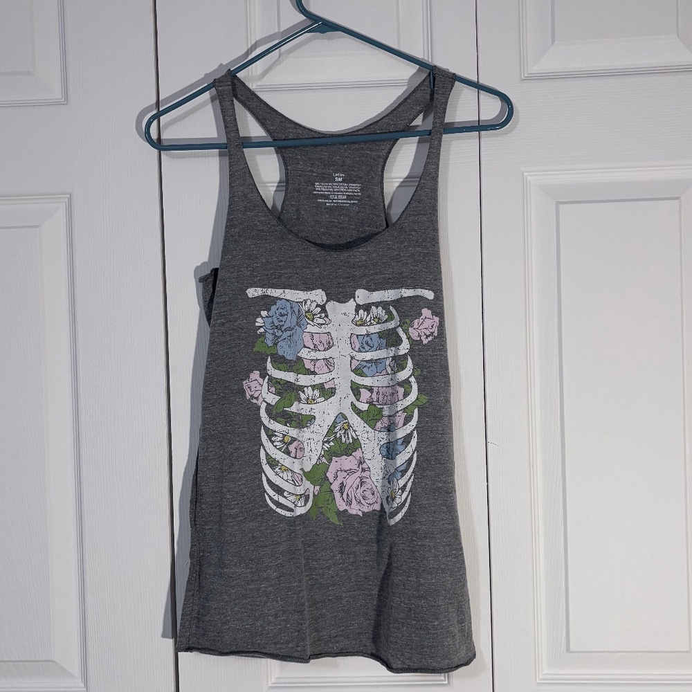 🖤 Floral Rib-Cage Skull Racerback Tank | Size S